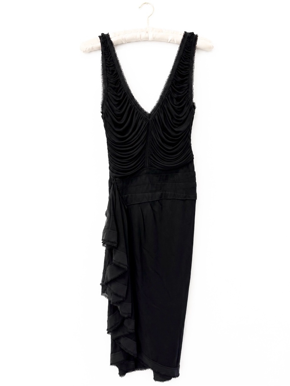 Zac Posen Black Ruched V-Neck Midi Dress with Side Ruffles